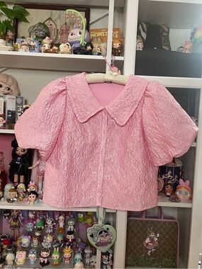 & Other Stories Pink Textured Puff Sleeve Blouse Size M NWOT Peter Pan Collar